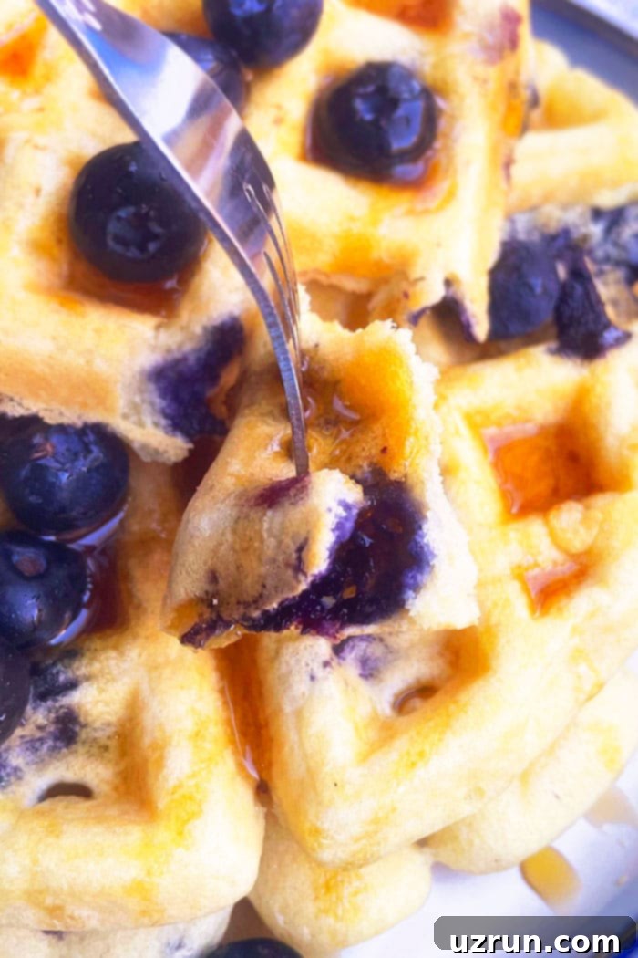Lemon Blueberry Waffles Fresh or Frozen Berry Bliss 5 Fork With a Bite of Waffles- Closeup Shot