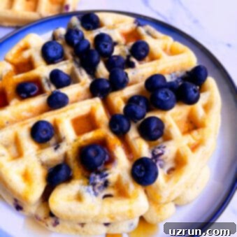 Lemon Blueberry Waffles Fresh or Frozen Berry Bliss 6 Stack of Easy Homemade Blueberry Waffles on White Plate with Light Blue Background