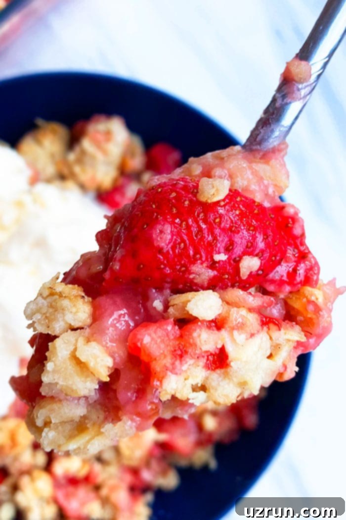 Strawberry Rhubarb Crisp 3 Spoonful of Homemade Strawberry Rhubarb Crumble- Closeup Shot
