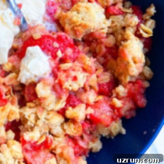 Strawberry Rhubarb Crisp 5 Easy Homemade Strawberry Rhubarb Crisp or Crumble in Blue Bowl