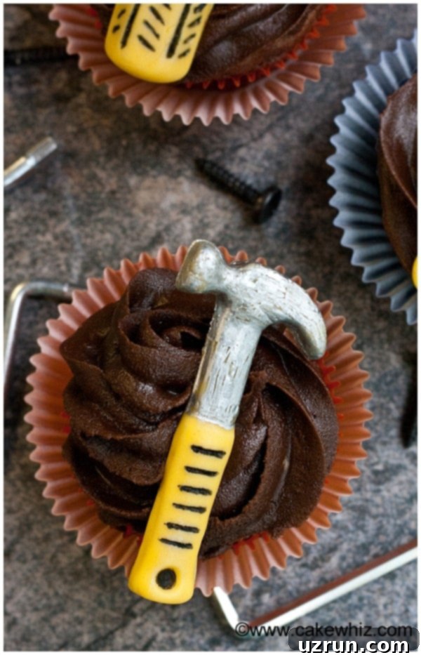 Dad's Tool Belt Cupcakes: A Father's Day Treat 7 Handyman Tools Cupcakes on Rustic Gray Background
