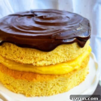 Easy Boston Cream Pie 5 Easy Boston Cream Pie on White Cake Stand, ready to be served.