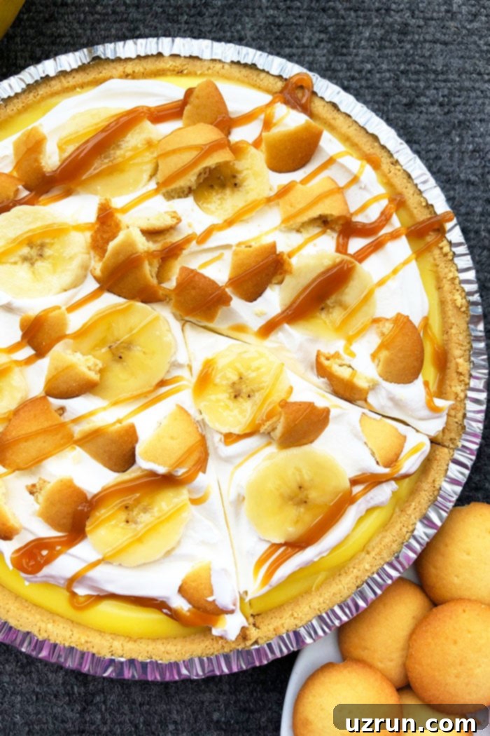 Easy Banana Cream Pie 3 Easy No Bake Summer Pie on Gray Background- Overhead Shot