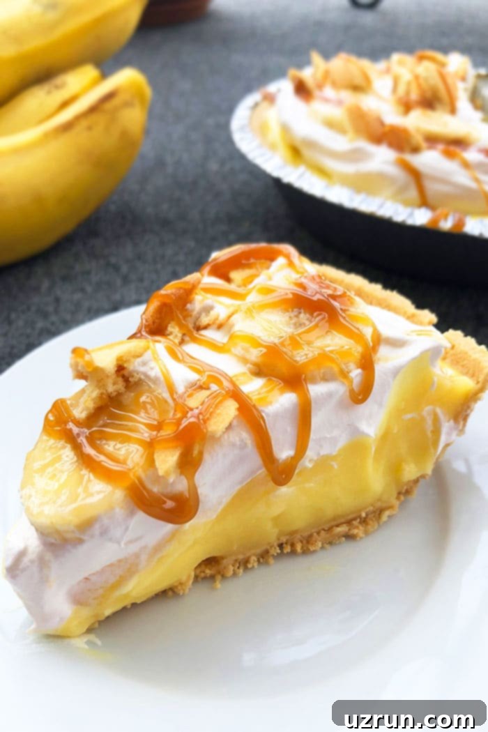 Easy Banana Cream Pie 5 Slice of No Bake Banana Pie With Graham Cracker Crust on Gray Background