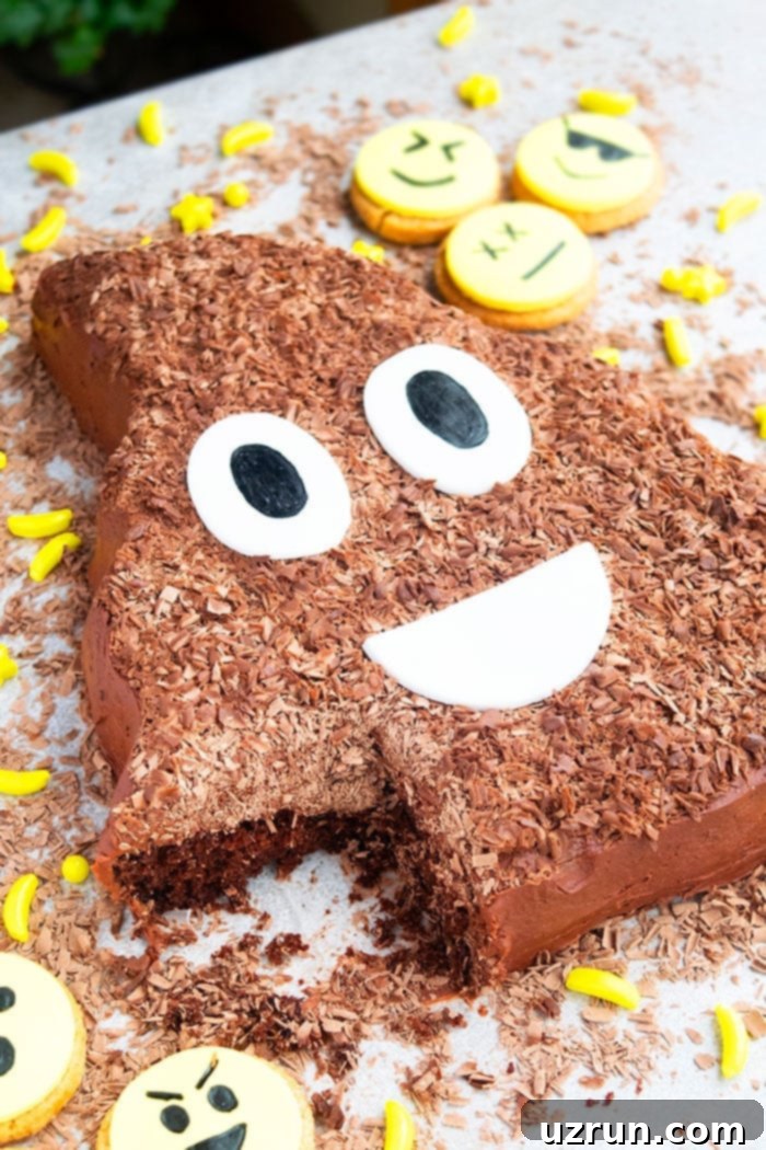 Easy Poop Emoji Cake 3 Emoji Birthday Cake With One Slice Removed on Gray Background