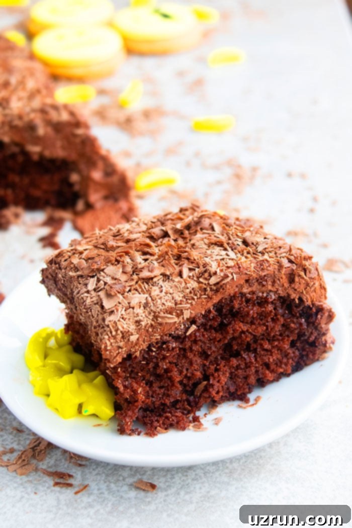 Easy Poop Emoji Cake 4 Slice of Chocolate Cake With Chocolate Frosting and Chocolate Shavings on White Plate