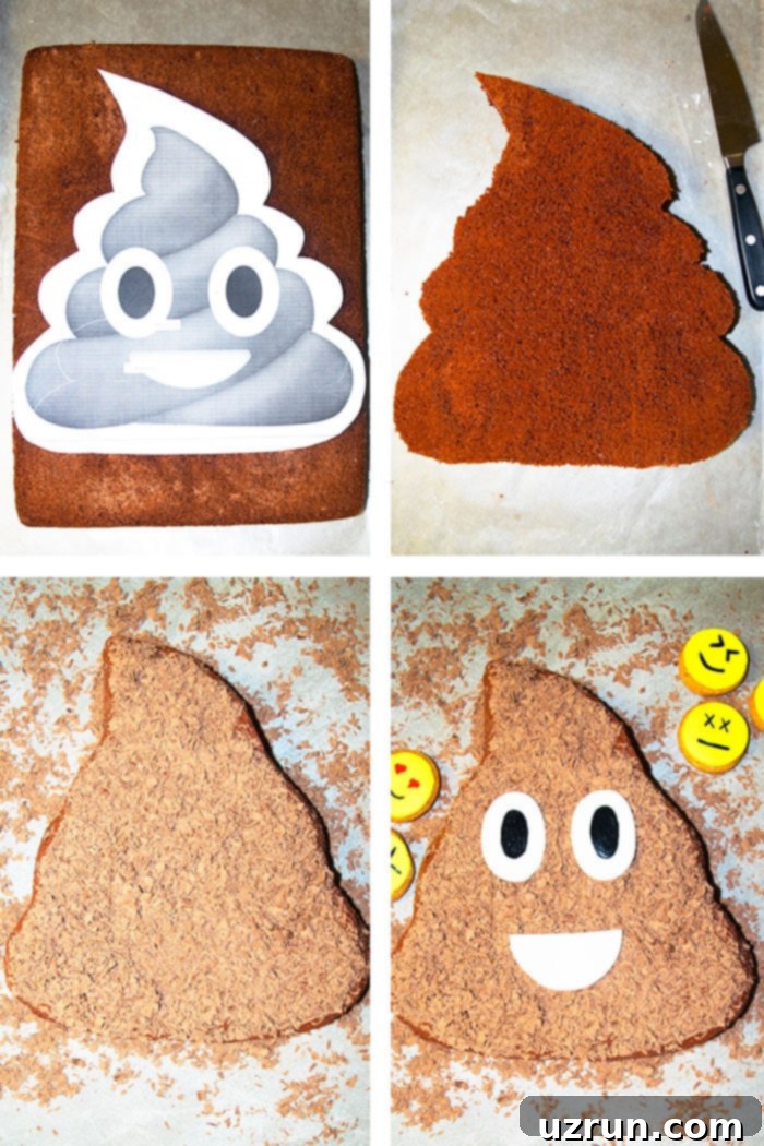 Easy Poop Emoji Cake 5 Collage Image With Step by Step Pictured on How to Make Poop Cake