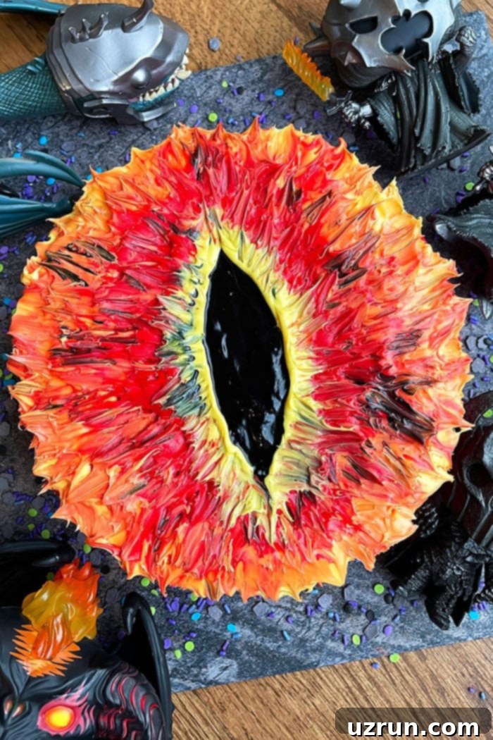Easy Lord of the Rings Cake (Sauron Eye Cake) With Gray Background and LOTR toys- Overhead Shot