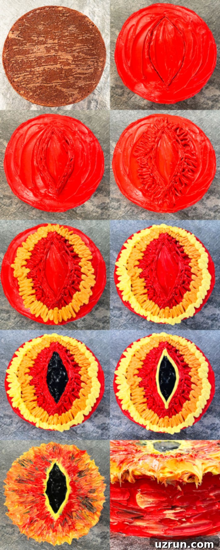 Sauron's Watchful Eye Cake 6 Collage Image With Step by Step Process Shots on How to Make Lord of the Rings Cake (Sauron Eye Cake)