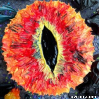 Sauron's Watchful Eye Cake 7 Easy Homemade Lord of The Rings Cake or Sauron Eye Cake on Gray Background With LOTR Toys