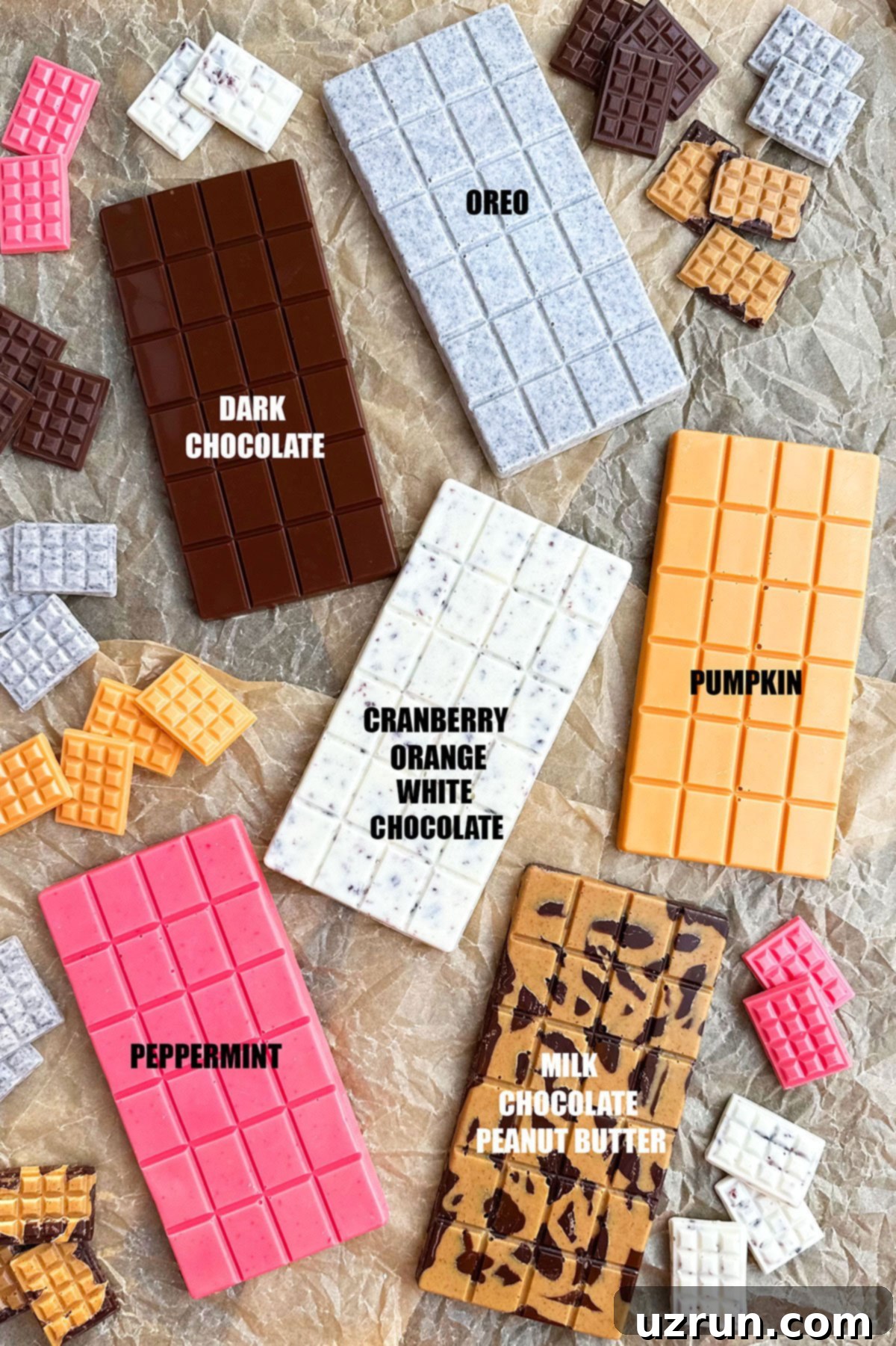 Many Flavors of Easy Homemade Chocolate Bars (Dark, Milk, White) on Brown Parchment Paper.