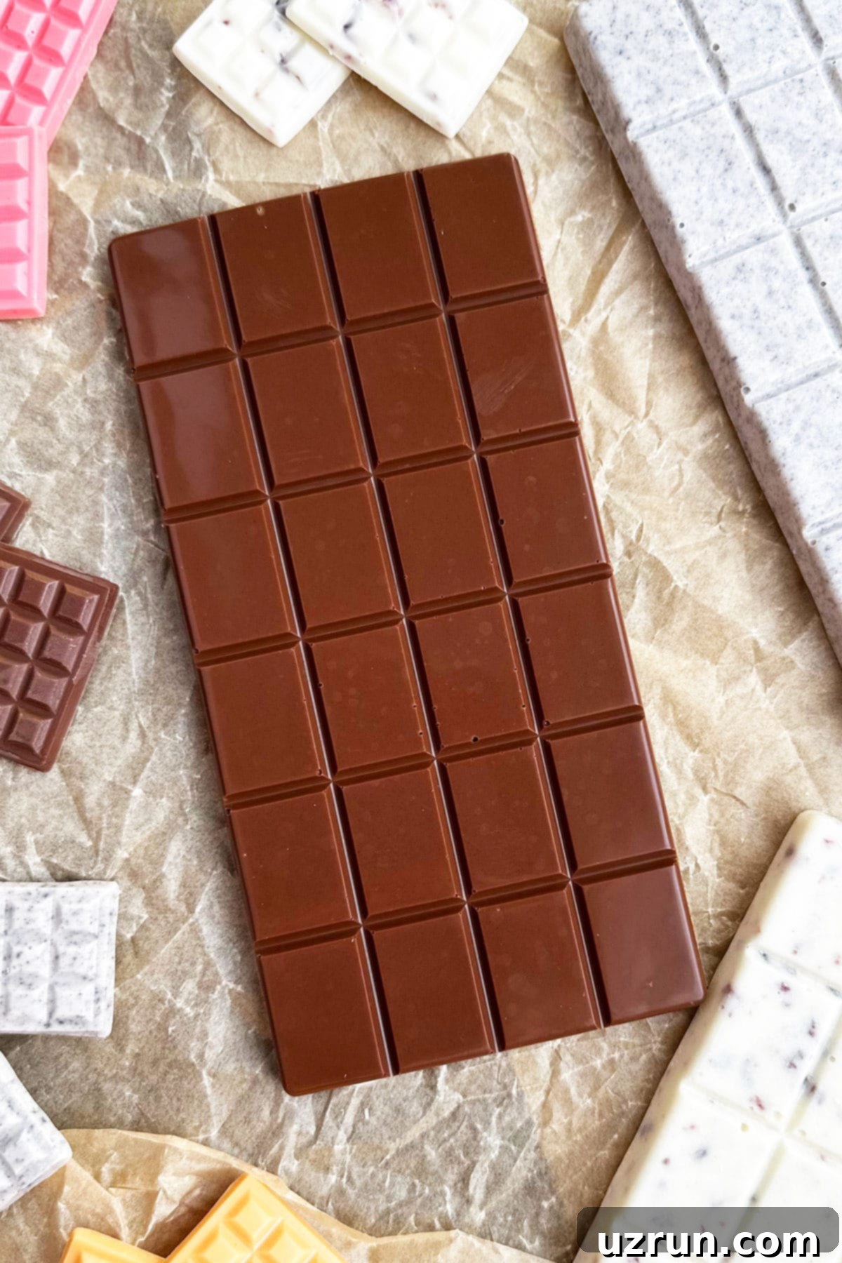Craft Your Own Chocolate Bars Dark Milk and White Flavors 3 Homemade Dark Chocolate on Brown Parchment Paper.