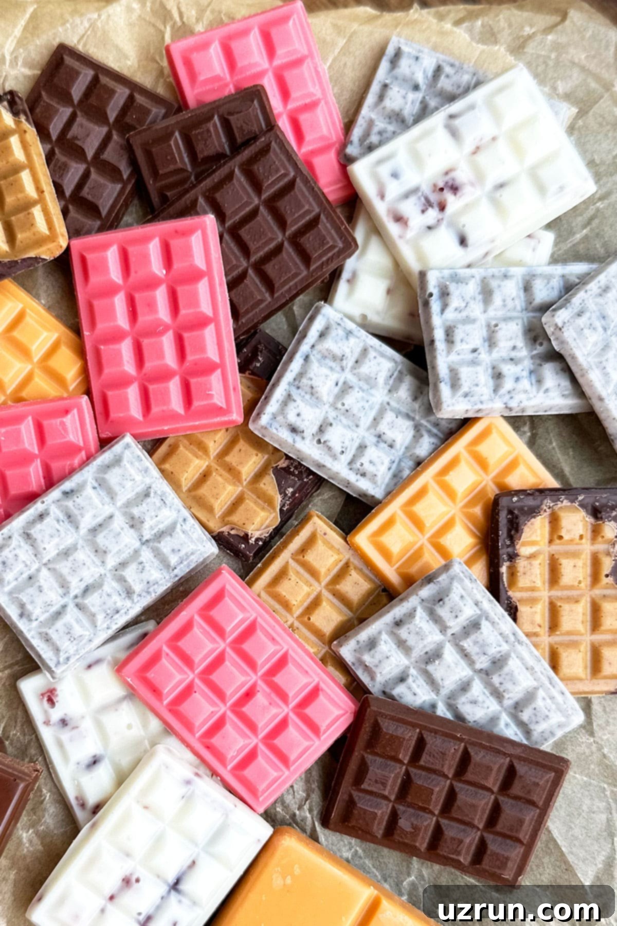Craft Your Own Chocolate Bars Dark Milk and White Flavors 6 Variety of Flavors of Mini Homemade Candy Bars From Mold on Brown Parchment Paper.