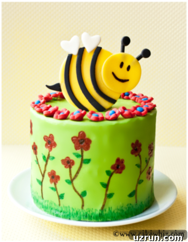 Easy Bumblebee Cake (Spring Cake) on White Plate With Yellow Background.