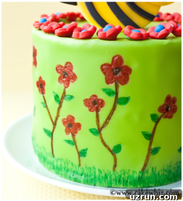 Spring Bumblebee Cake 3 Closeup of Flower Decorations on Fondant Cake With Yellow Background.