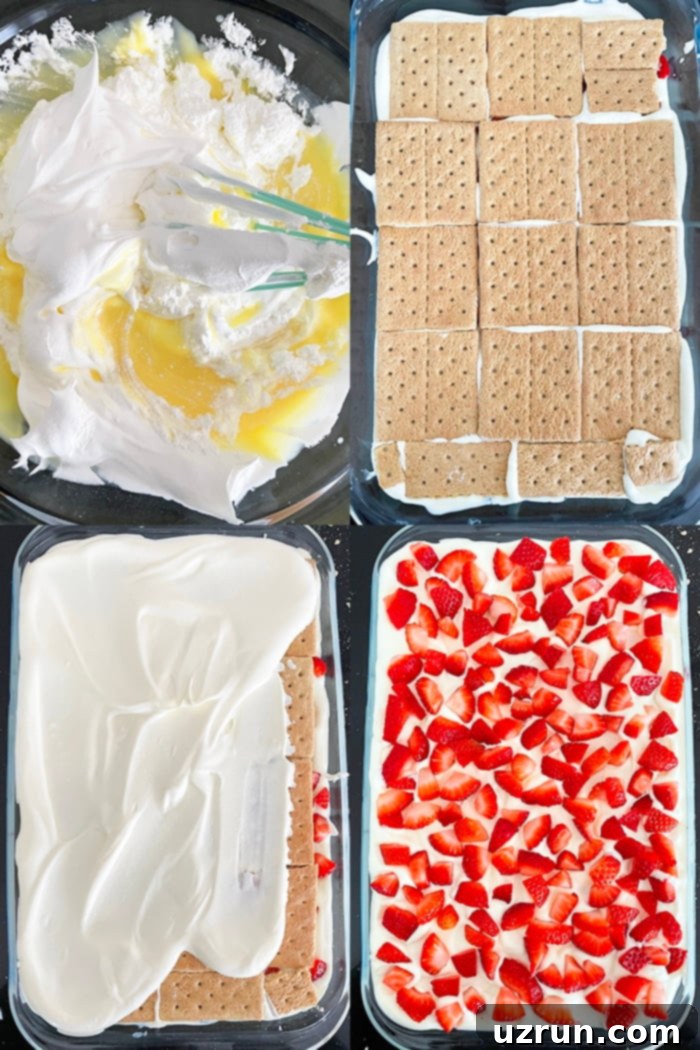 Effortless No-Bake Strawberry Icebox Cake 6 Collage Image With Step By Step Pictures on How to Make Icebox Cake