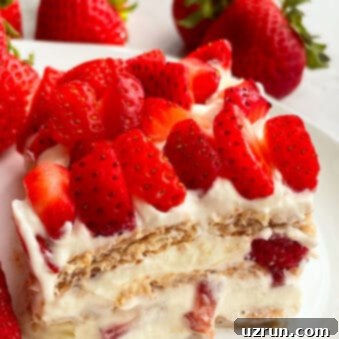 Effortless No-Bake Strawberry Icebox Cake 7 Slice of Old Fashioned No Bake Icebox Cake With Strawberries on White Plate