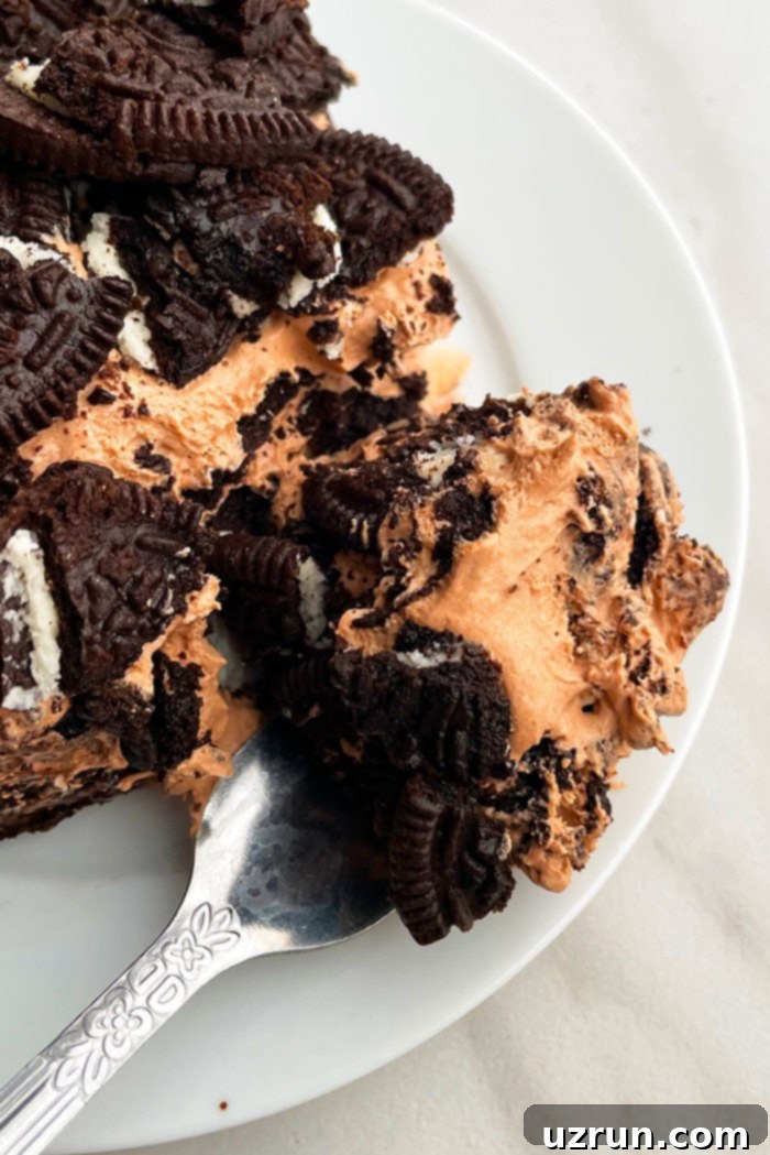 No-Bake Chocolate Oreo Icebox Cake 4 Spoonful of No Bake Cake on White Plate