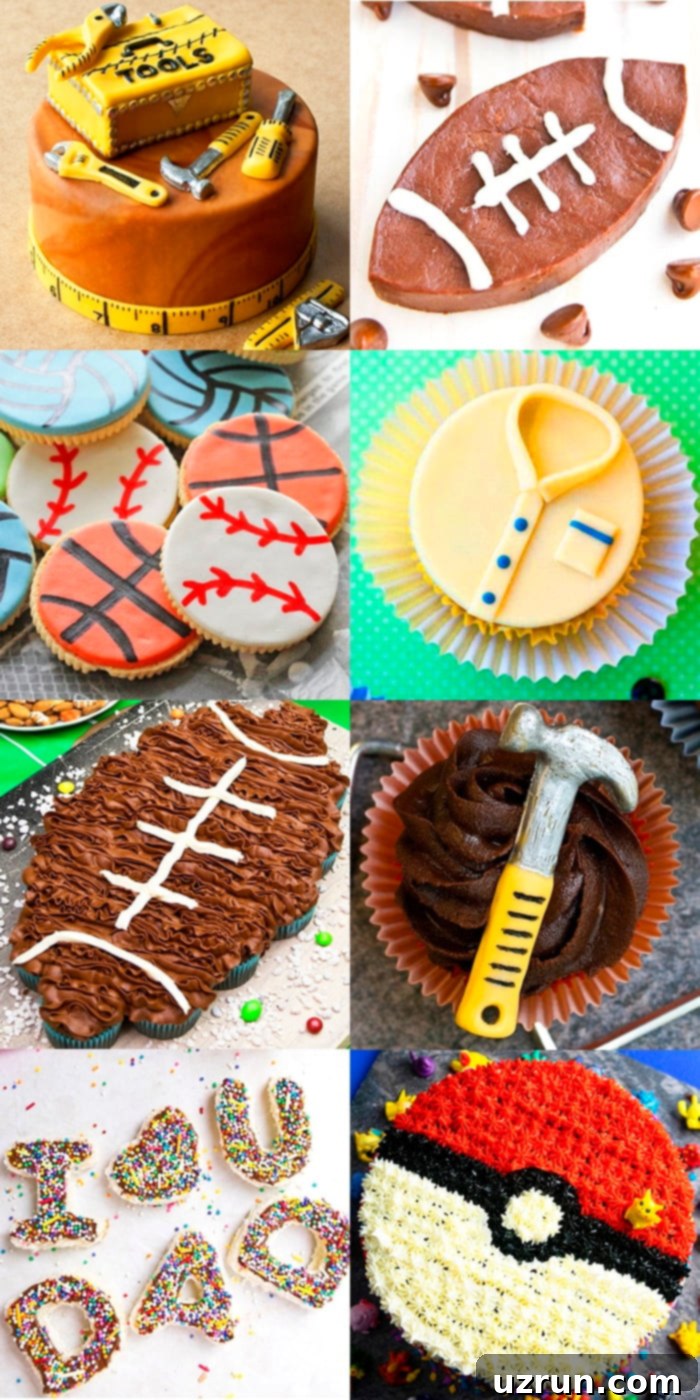 Collage Image With Multiple Pictures of Easy Father's Day Ideas, Desserts, Recipes including cakes, cupcakes, cookies and fairy bread.