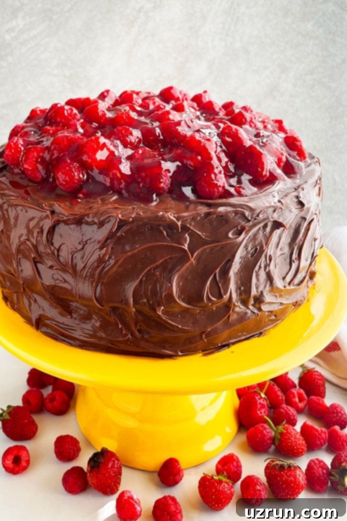 Raspberry Cake With Chocolate Ganache Frosting And Raspberry Pie Filling on Yellow Cake Stand