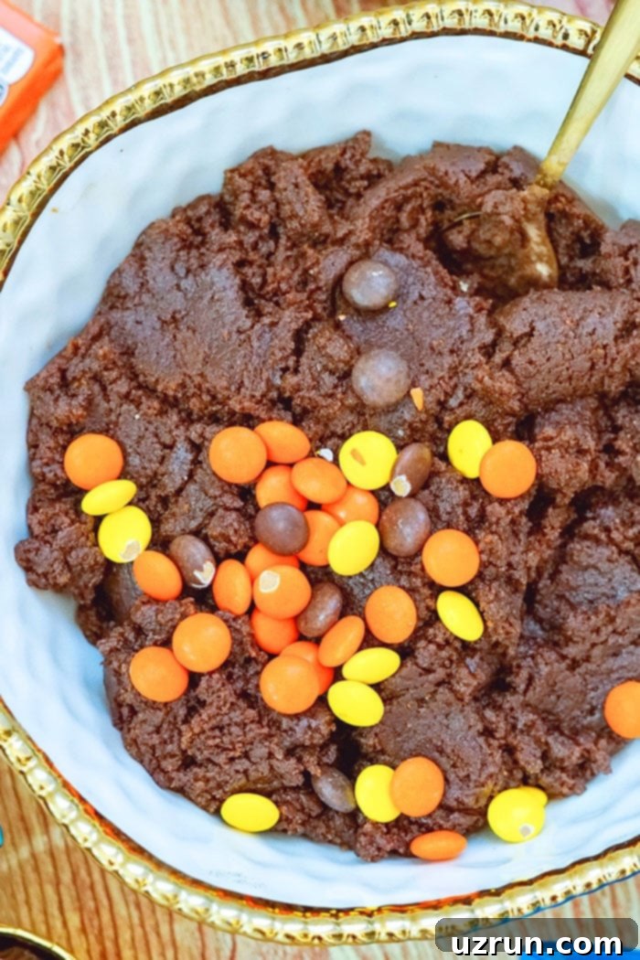 Easy Reeses Cake Mix Cookies 3 Reeses Pieces Cookie Dough in White Bowl- Overhead Shot