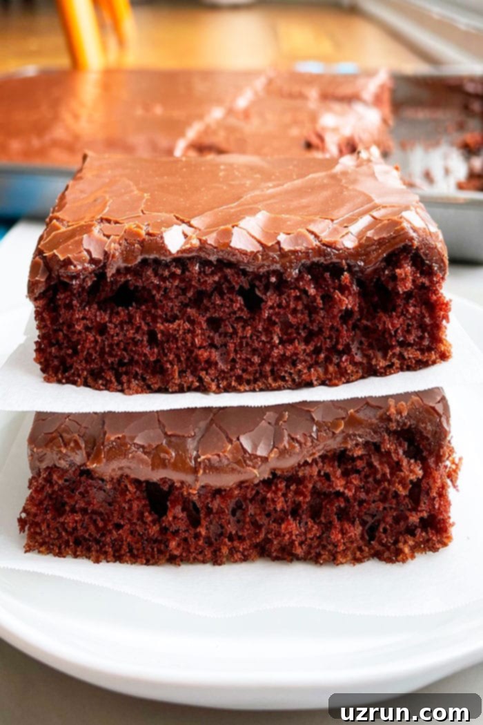 Texas Sheet Cake From Scratch 3 Stack of Two Chocolate Cake Slices With Chocolate Frosting on White Plate