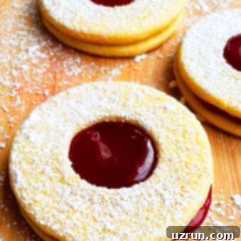 Jam-Filled Shortbread Linzer Cookies 5 Easy Linzer Cookies Sandwiches With Raspberry Jam on Wood Background