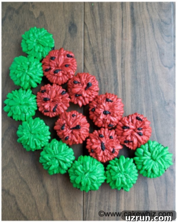 Easy Watermelon Cupcakes on Rustic Wood Background- Overhead Shot