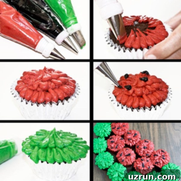 Watermelon Pull Apart Cupcakes 5 Collage Image with Step by Step Process Shots on How to Make Watermelon Cupcakes