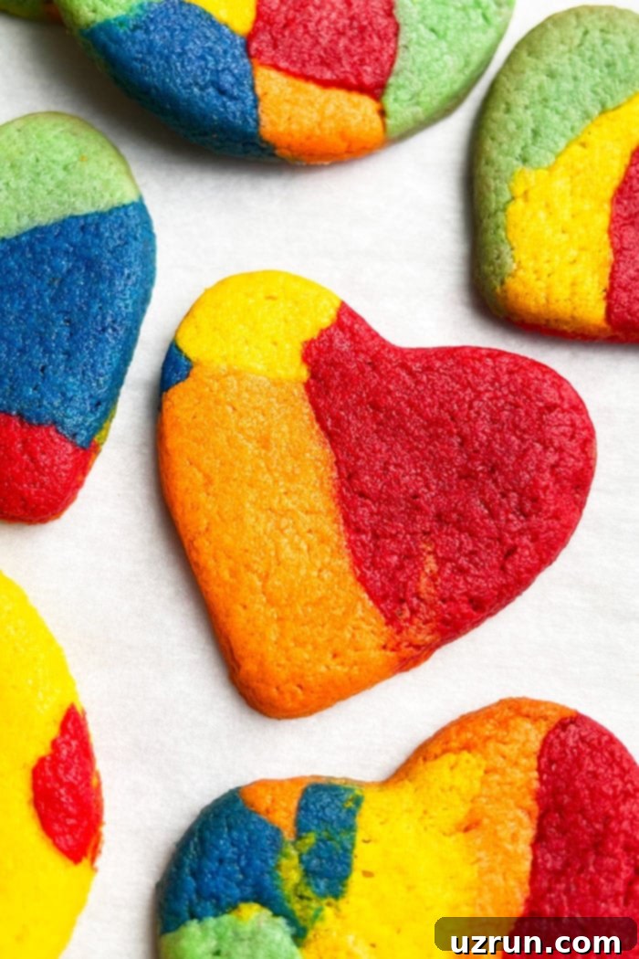 Rainbow Sugar Cookies 5 Multicolored Heart Cookies on White Background