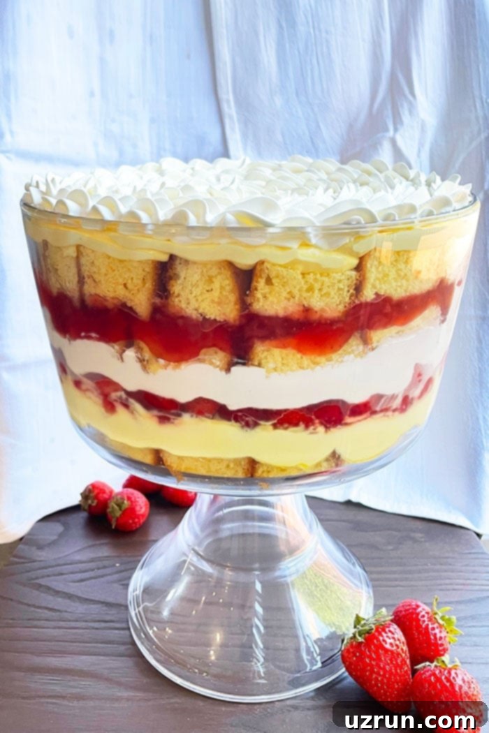 Easy English Trifle (Christmas Trifle) in Glass Dish on Wood Table