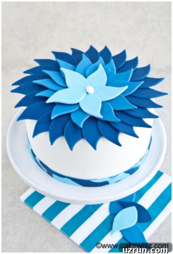 Easy Blue Ombre Cake on White Cake Stand With Light Gray Background