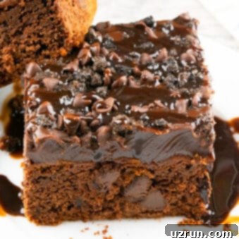 Simple Coca Cola Cake from a Box Mix 3 Slice of Cake Mix Coca Cola Cake (Coke Cake) With Chocolate Ganache Frosting on White Plate