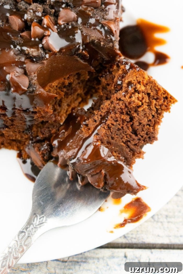 Simple Coca Cola Cake from a Box Mix 5 Fork Full of Coke Cake on White Plate - Closeup Shot, showing moist texture