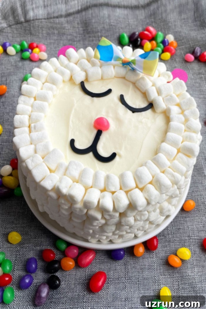 Easy Easter Lamb Cake Without Mold on Gray Background With Jelly Beans