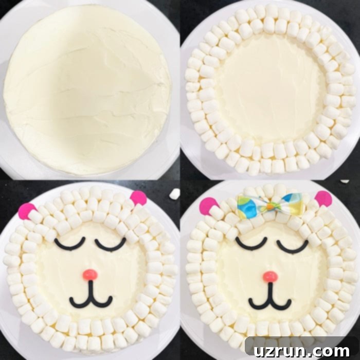 Easy Marshmallow Lamb Cake 5 Collage Image With Step by Step Pictures on How to Make Lamb Cake