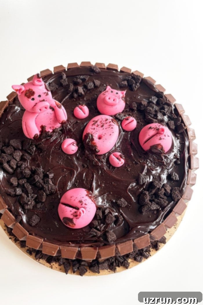 Fondant Pigs on Top of Chocolate Cake, sitting in chocolate ganache 'mud' with a Kit Kat fence