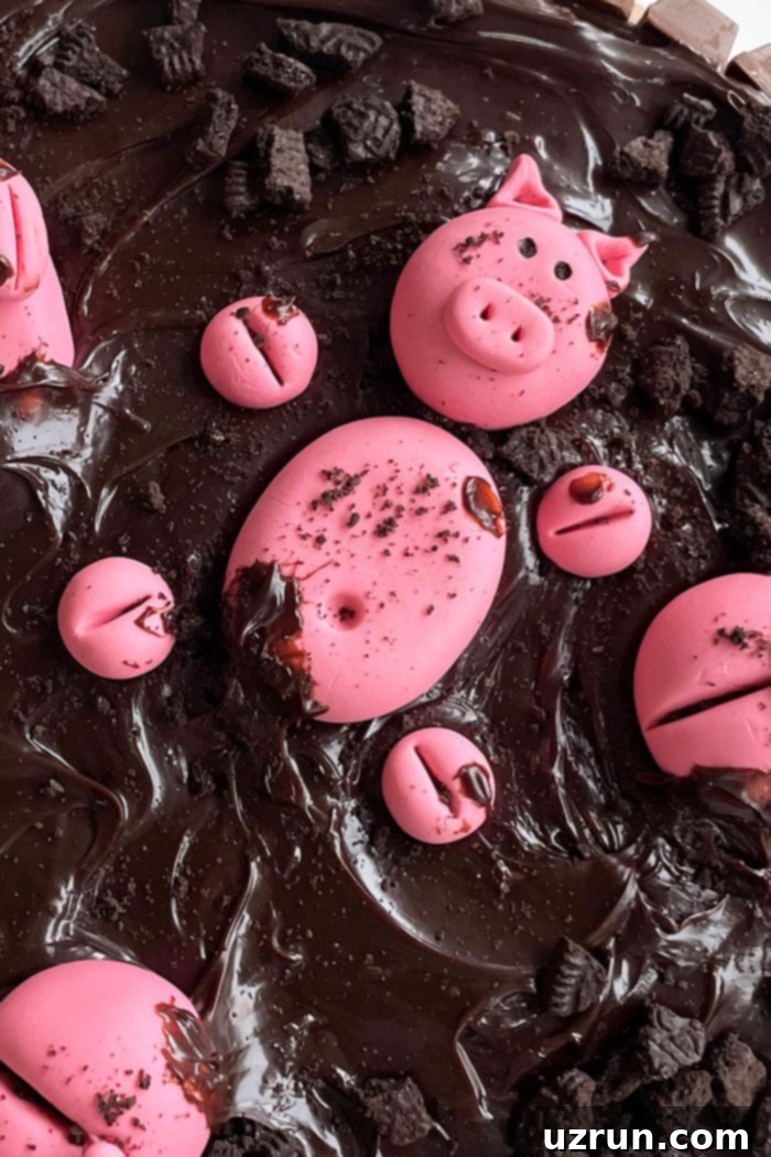 Effortless Piglet Cake 4 Pink Fondant Pig Lying in Mud (Chocolate Ganache) on Top of Cake with crushed Oreos