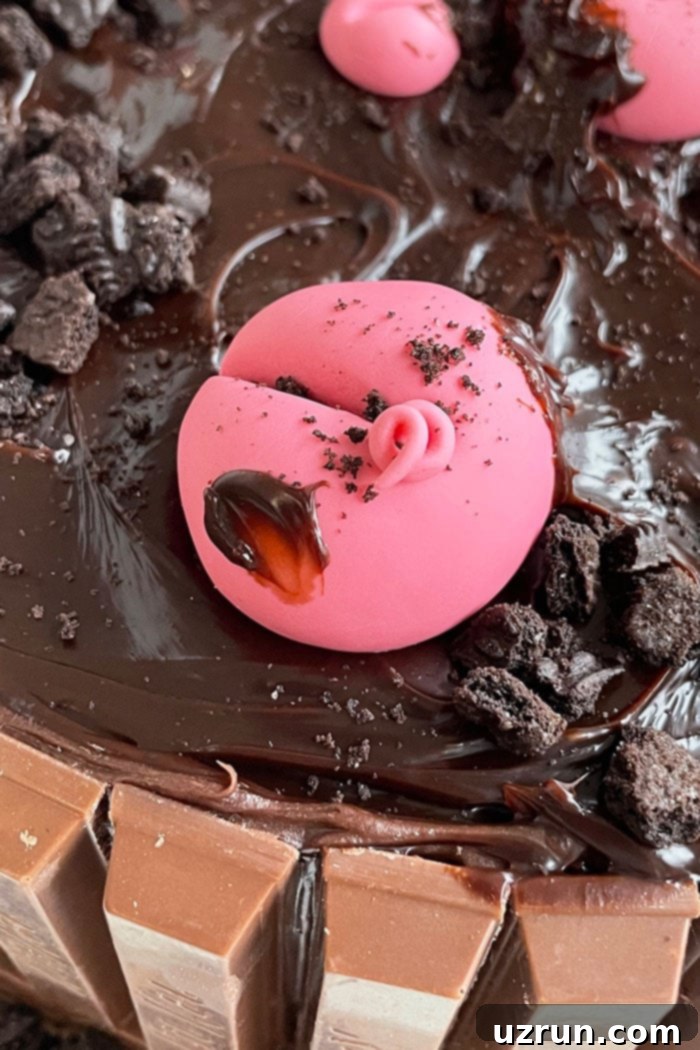Effortless Piglet Cake 5 Fondant Pig Bottom and Tail sticking out of chocolate ganache mud- Closeup Shot