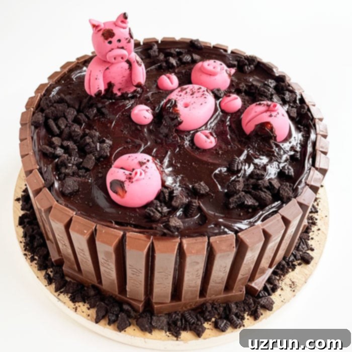 Effortless Piglet Cake 6 Decorated Chocolate Cake With Fondant Pigs, Kit Kats, and Ganache on a cake stand