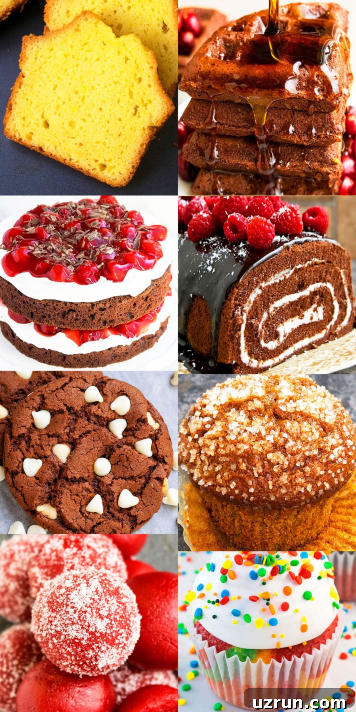 Collage Image With Many Easy Doctored Cake Mix Desserts (Cakes, Cupcakes, Cookies, Bread, Truffles, Donuts, Waffles)
