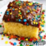 Cake Mix Desserts Made Easy 7 Slice of Yellow Sheet Cake With Chocolate Frosting on White Plate