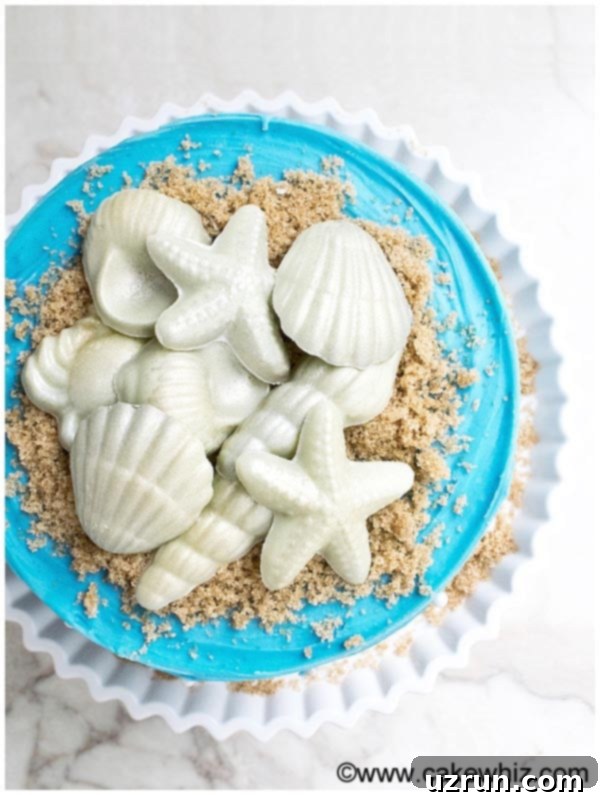 Effortless Coastal Cake 4 Overhead Shot of Beach Birthday Cake on White Cake Stand