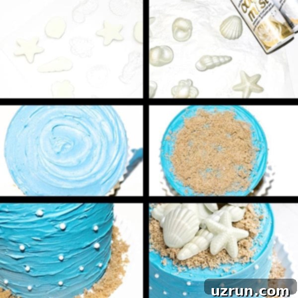 Effortless Coastal Cake 5 Collage Image With Step by Step Process Shots on How to Make Beach Cake (Ocean Theme Cake)