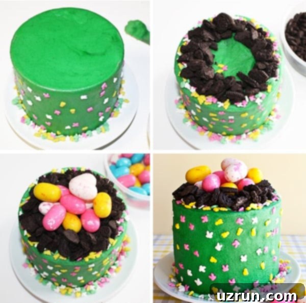 Easy Easter Egg Nest Cake 3 Step-by-step collage showing how to assemble and decorate an Easter Nest Cake with frosting, sprinkles, crushed Oreos, and candy eggs.