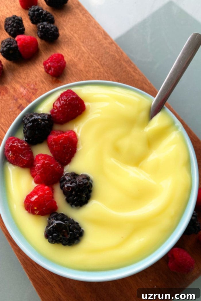 Easy Homemade Vanilla Custard From Scratch in Blue Bowl 
