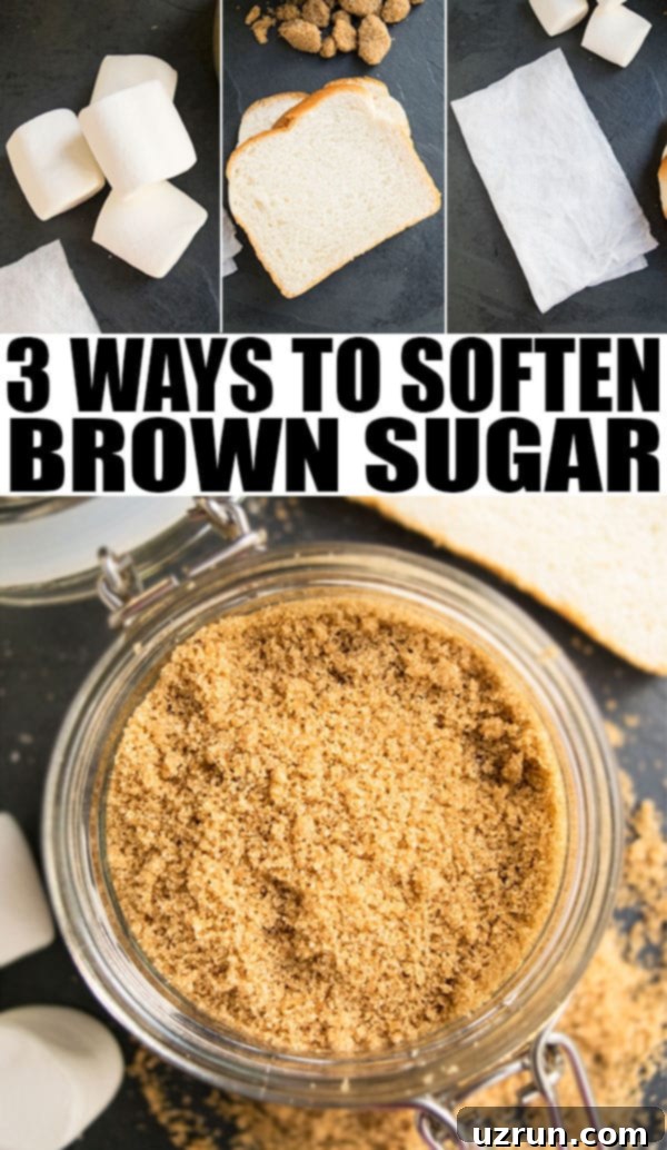 Rescue Your Rock Hard Brown Sugar 3 Collage image showing three methods to soften brown sugar: using a damp paper towel in the microwave, placing bread with sugar, and using terracotta saver. Each image is clearly labeled.