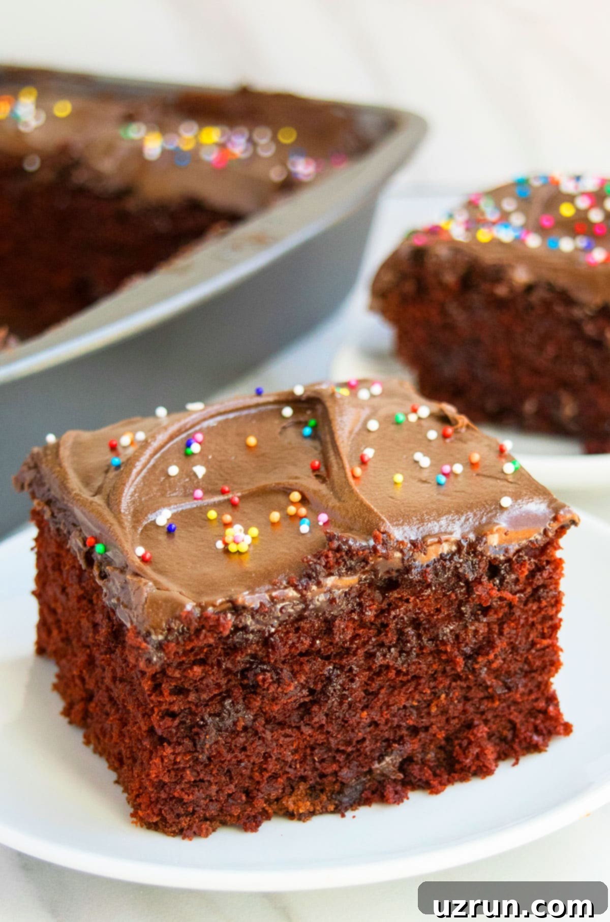 Slice of Wacky Chocolate Depression Cake on White Dish.
