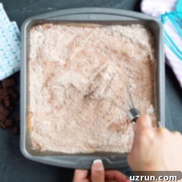 No Fuss Chocolate Cake 5 Whisking the dry ingredients in a square cake pan.