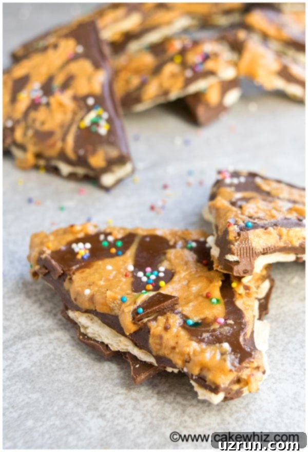 Easy Peanut Butter Chocolate Bark Recipe with crackers and sprinkles